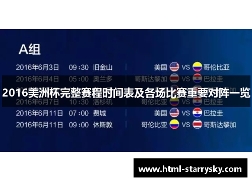 2016美洲杯完整赛程时间表及各场比赛重要对阵一览