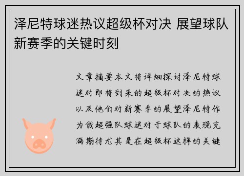 泽尼特球迷热议超级杯对决 展望球队新赛季的关键时刻