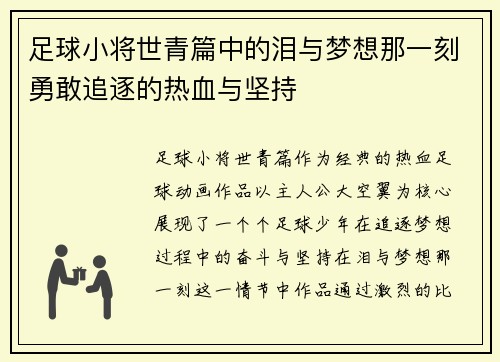 足球小将世青篇中的泪与梦想那一刻勇敢追逐的热血与坚持
